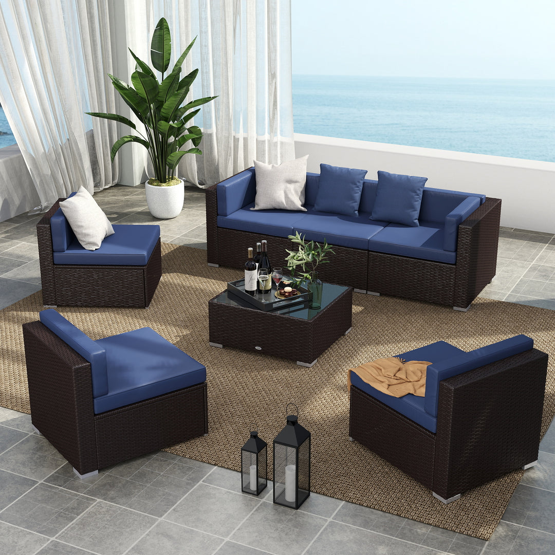 Outsunny 7 Pieces Outdoor Rattan Furniture Set, Patio Wicker Sectional Conversation Sofa Set w/ Cushions & Coffee Table