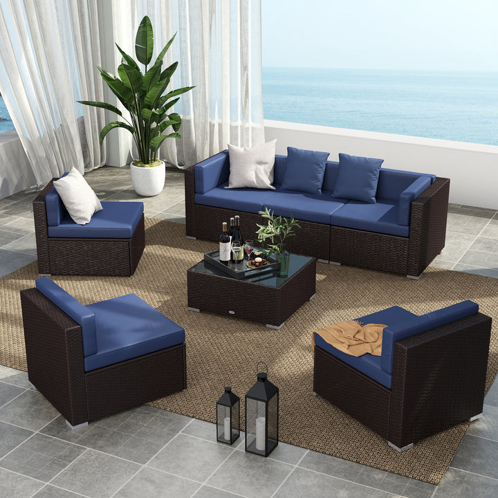 Outsunny 7 Pieces Outdoor Rattan Furniture Set, Patio Wicker Sectional Conversation Sofa Set w/ Cushions & Coffee Table