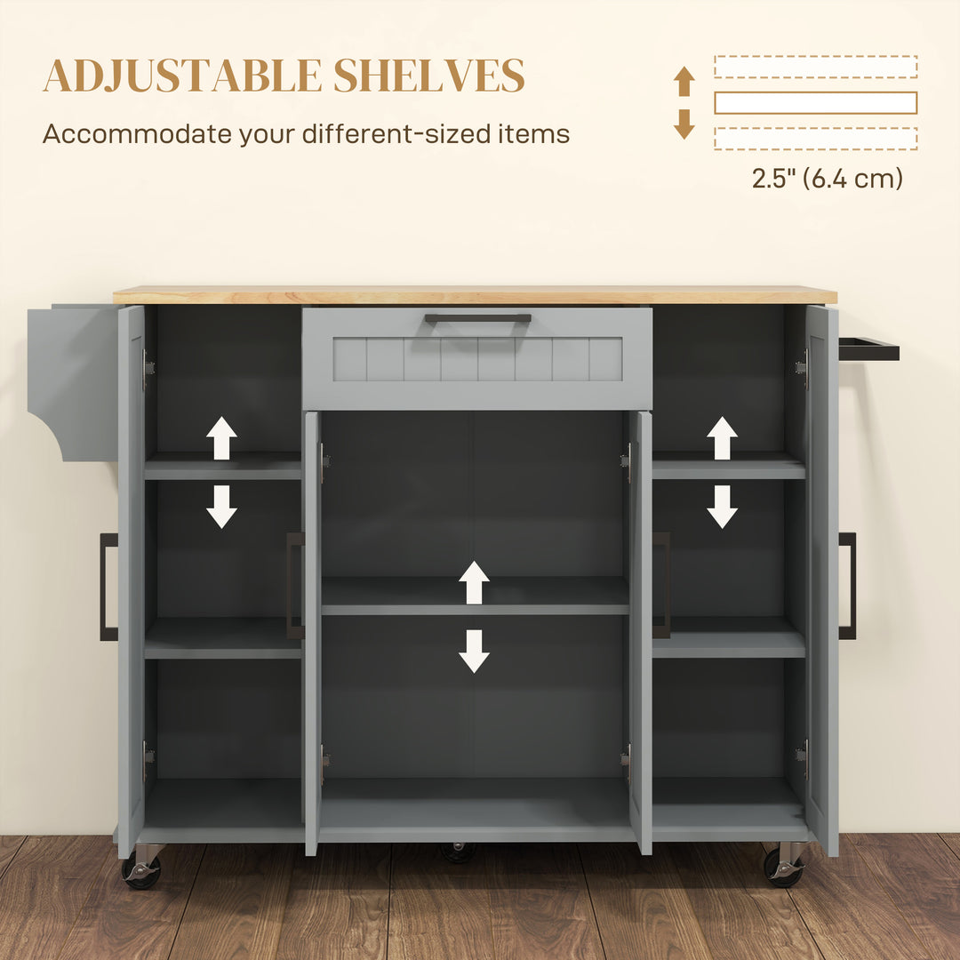 HOMCOM Modern Rolling Kitchen Island Cart with Drawers, Natural Wood Top, Towel Rack, Door Storage Cabinet, White