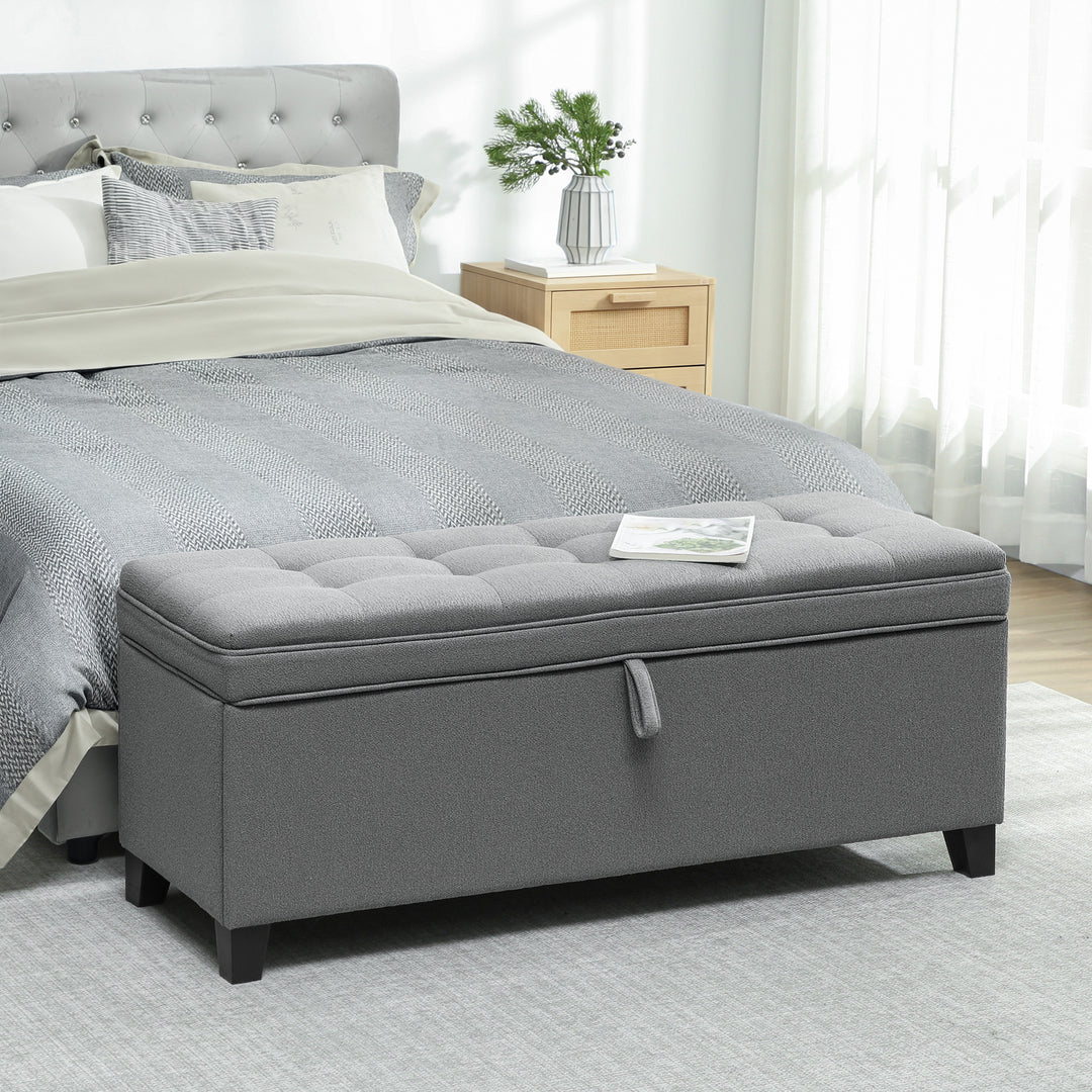 HOMCOM Storage Ottoman Bench, Foot Rest with Safety Hinges, 47 Inches Linen Storage Chest for Living Room, Dark Grey