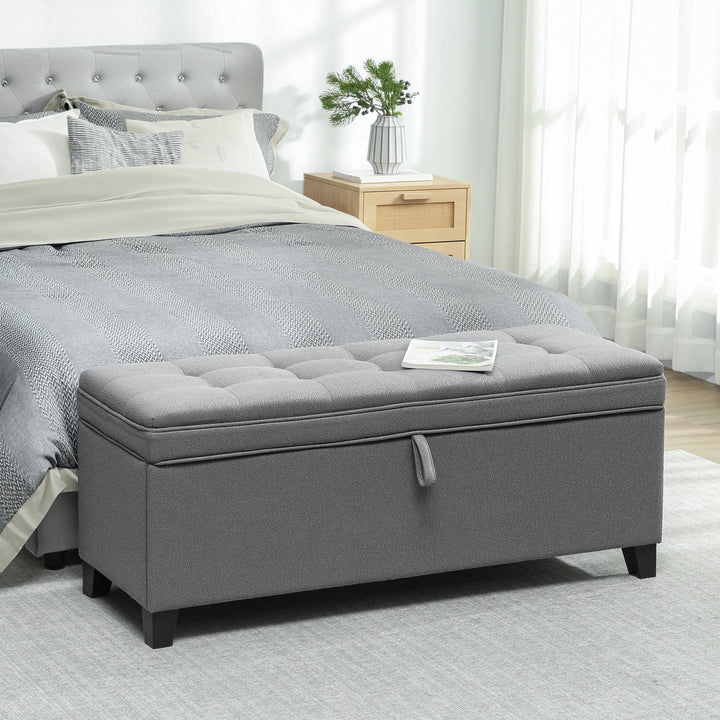 HOMCOM Storage Ottoman Bench, Foot Rest with Safety Hinges, 47 Inches Linen Storage Chest for Living Room, Dark Grey