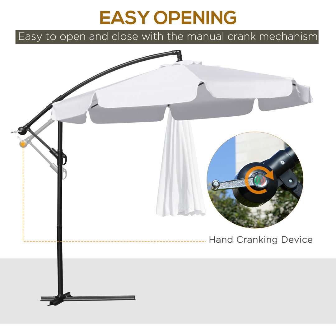 Outsunny 9FT Offset Hanging Patio Umbrella Cantilever Umbrella with Easy Tilt Adjustment, Cross Base and 8 Ribs for Backyard, Poolside, Lawn and Garden, White