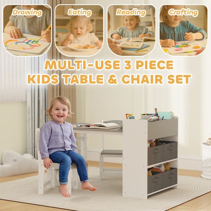 Qaba Kids Table and Chairs Set, Toddler Art Table and Chair Set with Paper Roll, Storage Shelves and Drawers, Grey