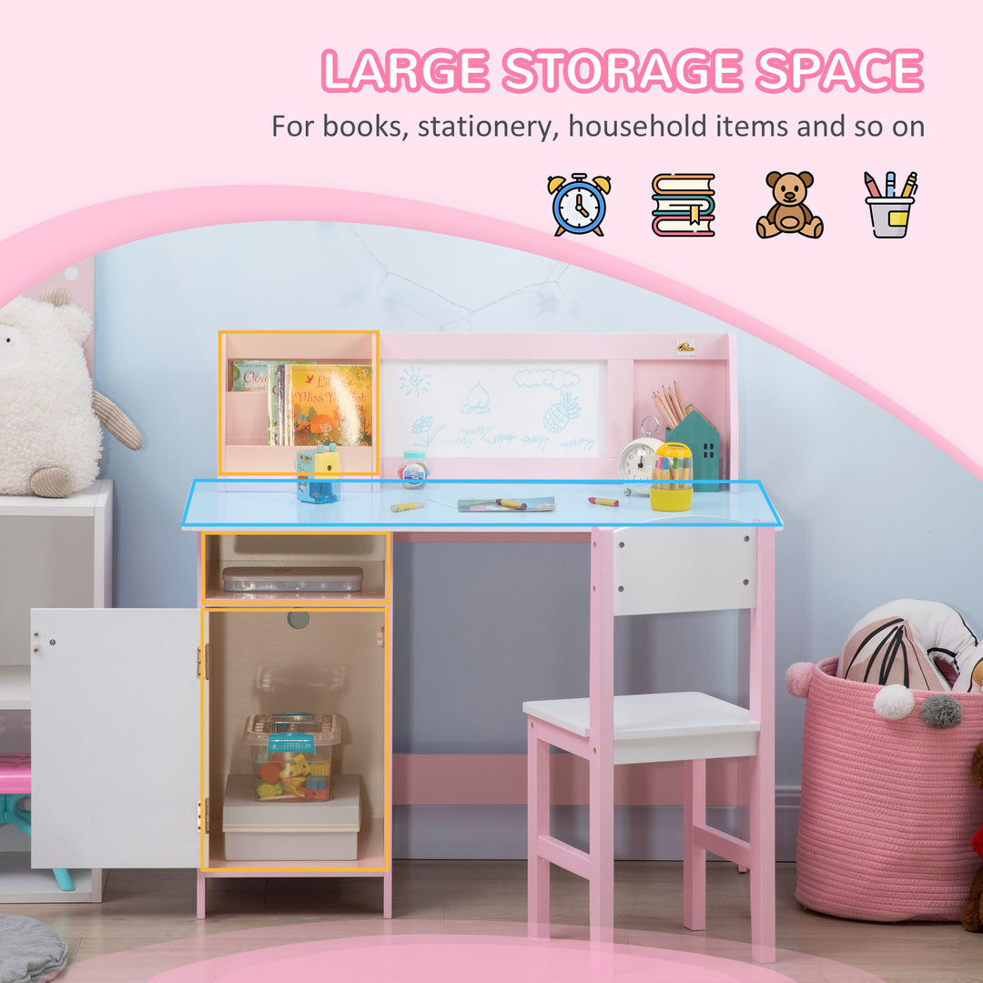 Qaba 2Pcs Kids Desk and Chair Set with Whiteboard, Storage, Shelves, Pink