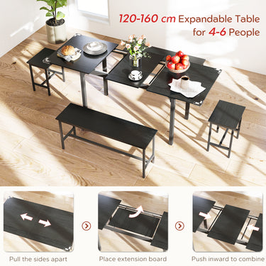 HOMCOM Extendable Dining Table Set, 5-Piece Dining Set for 4-6 with 2 Benches and 2 Stools for Small Spaces, Black