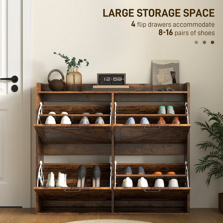 HOMCOM Narrow Shoe Storage Cabinet with 4 Flip Drawers, Adjustable Shelves, 16 Pair Farmhouse Shoe Cabinet, Rustic Brown