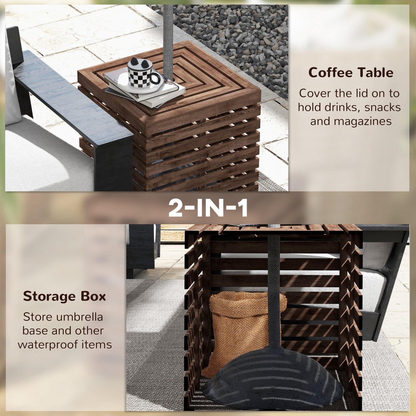 Outsunny 2-in-1 Outdoor Umbrella Base Storage Box Wooden Patio Side Table, Brown