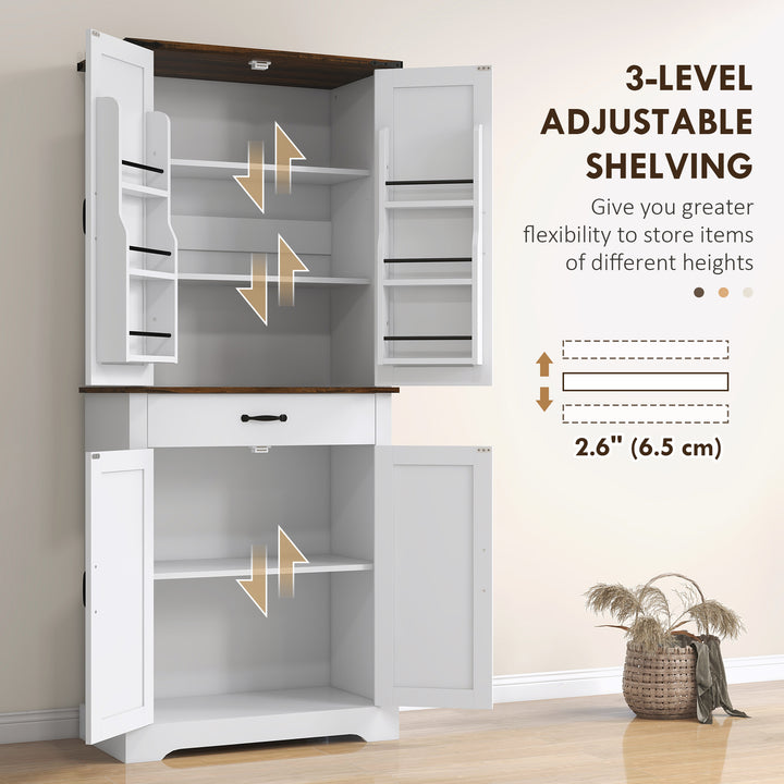 HOMCOM 71" Tall Kitchen Cabinet, Farmhouse Pantry Cabinet with Barn Doors, Drawer and Adjustable Shelves, White
