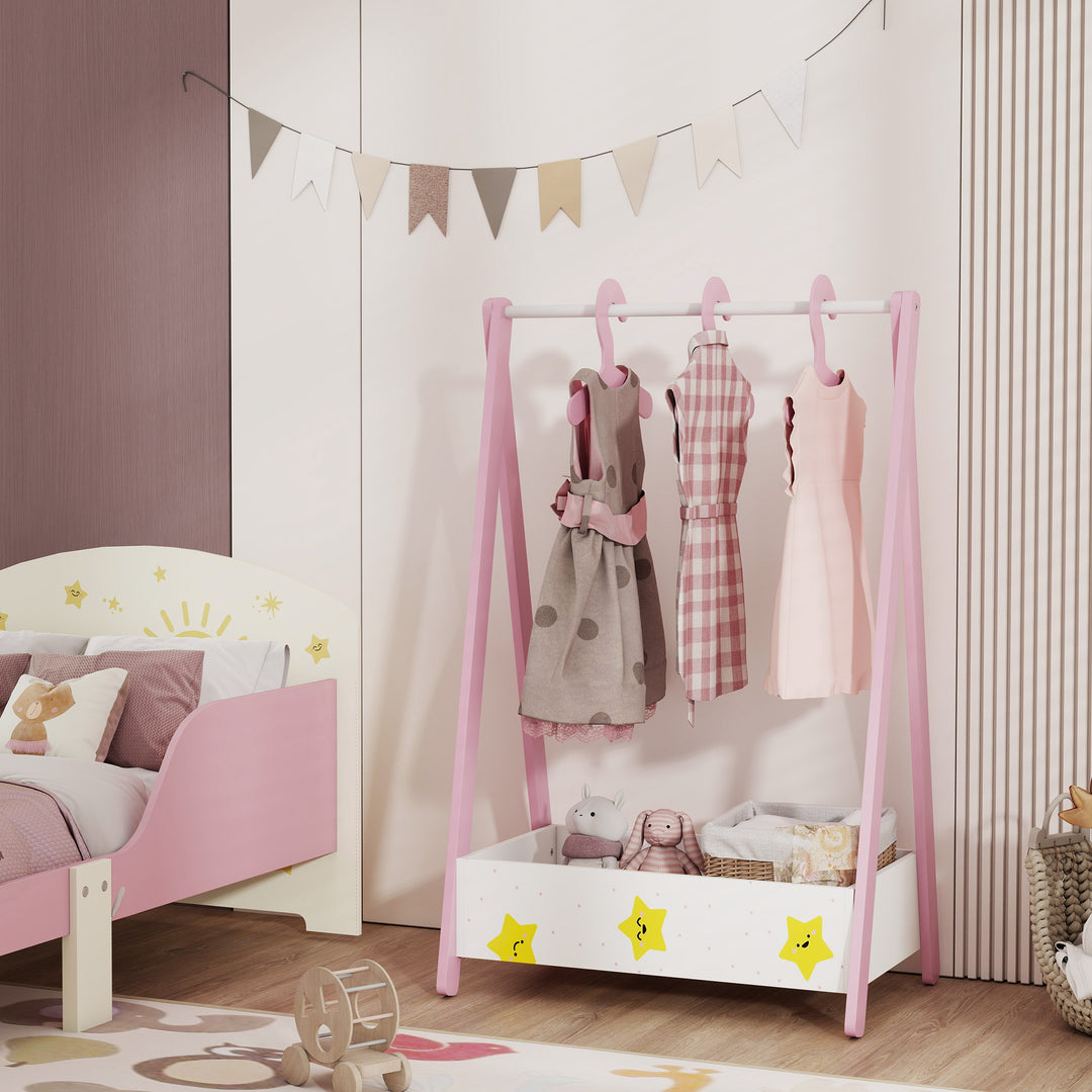 Qaba Kids Clothing Rack with Storage Shelf, Hangers, for Nursery Room, Living Room, Playroom, Pink
