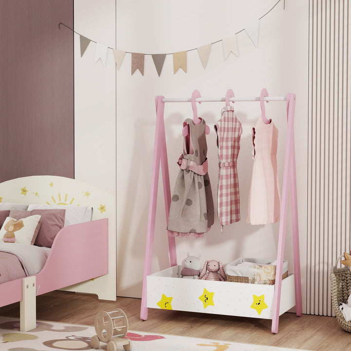 Qaba Kids Clothing Rack with Storage Shelf, Hangers, for Nursery Room, Living Room, Playroom, Pink