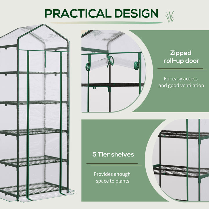 Outsunny 5 Tier Mini Greenhouse, Portable Outdoor Flower Stand with Shelf Clips, Indoor Greenhouse with Steel Frame, Transparent, 27.25" x 19.25" x 76", Clear