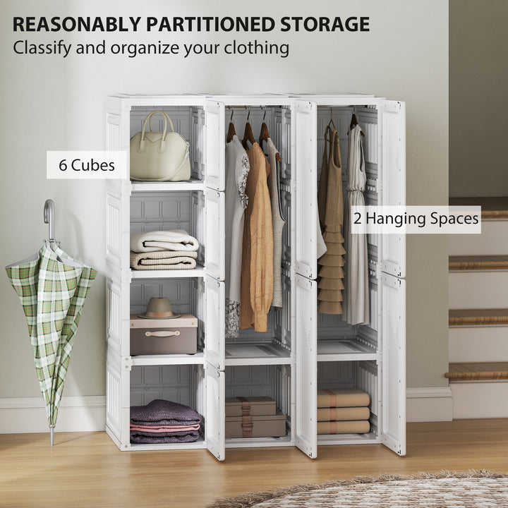 HOMCOM Portable Wardrobe, Foldable Plastic Closet with 8 Compartments, 2 Hanging Rods and Magnetic Clear Doors, Brown