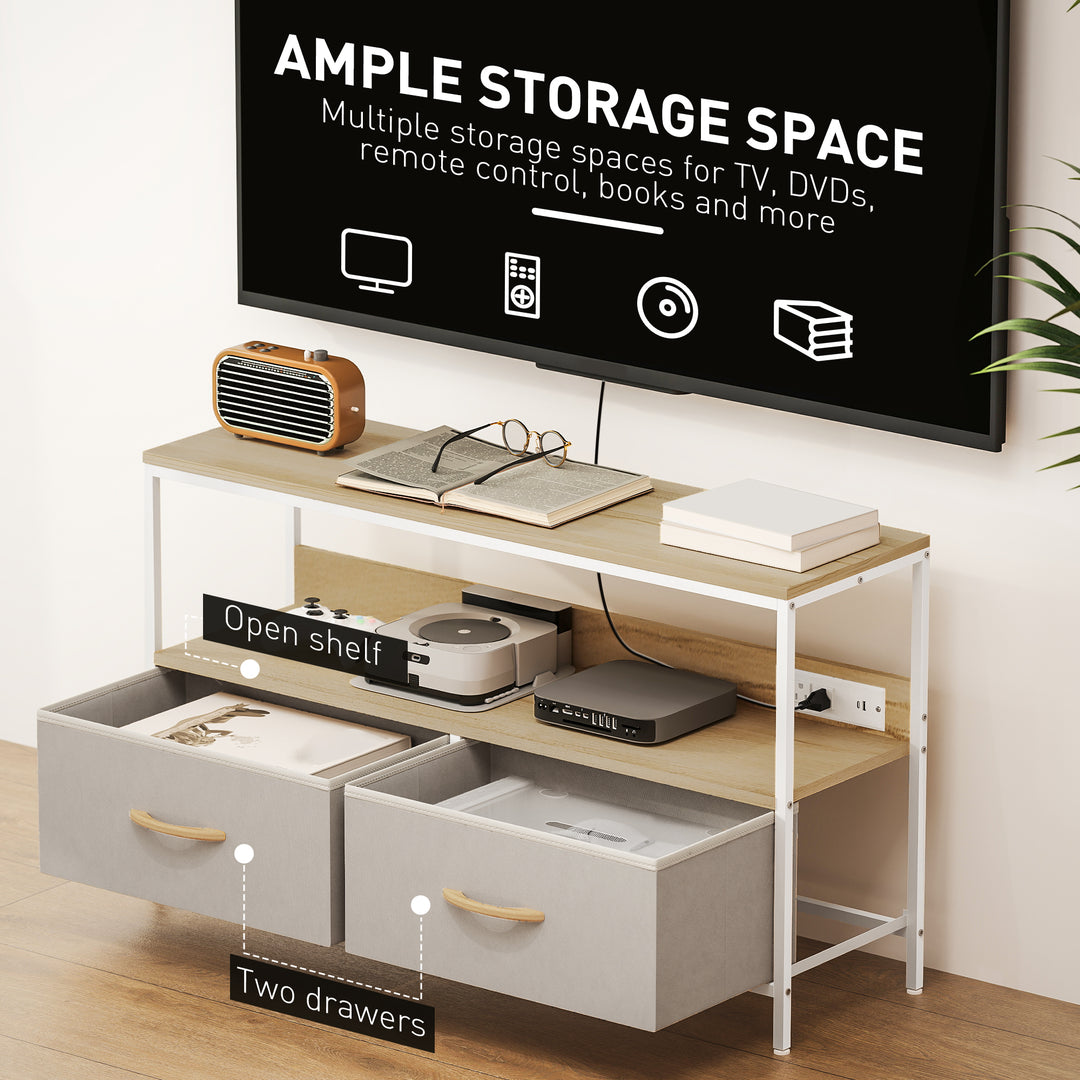 HOMCOM TV Stand with Charging Station, TV Table with 2 Foldable Linen Drawers and Open Shelf for 47 Inch TV, Rustic Brown