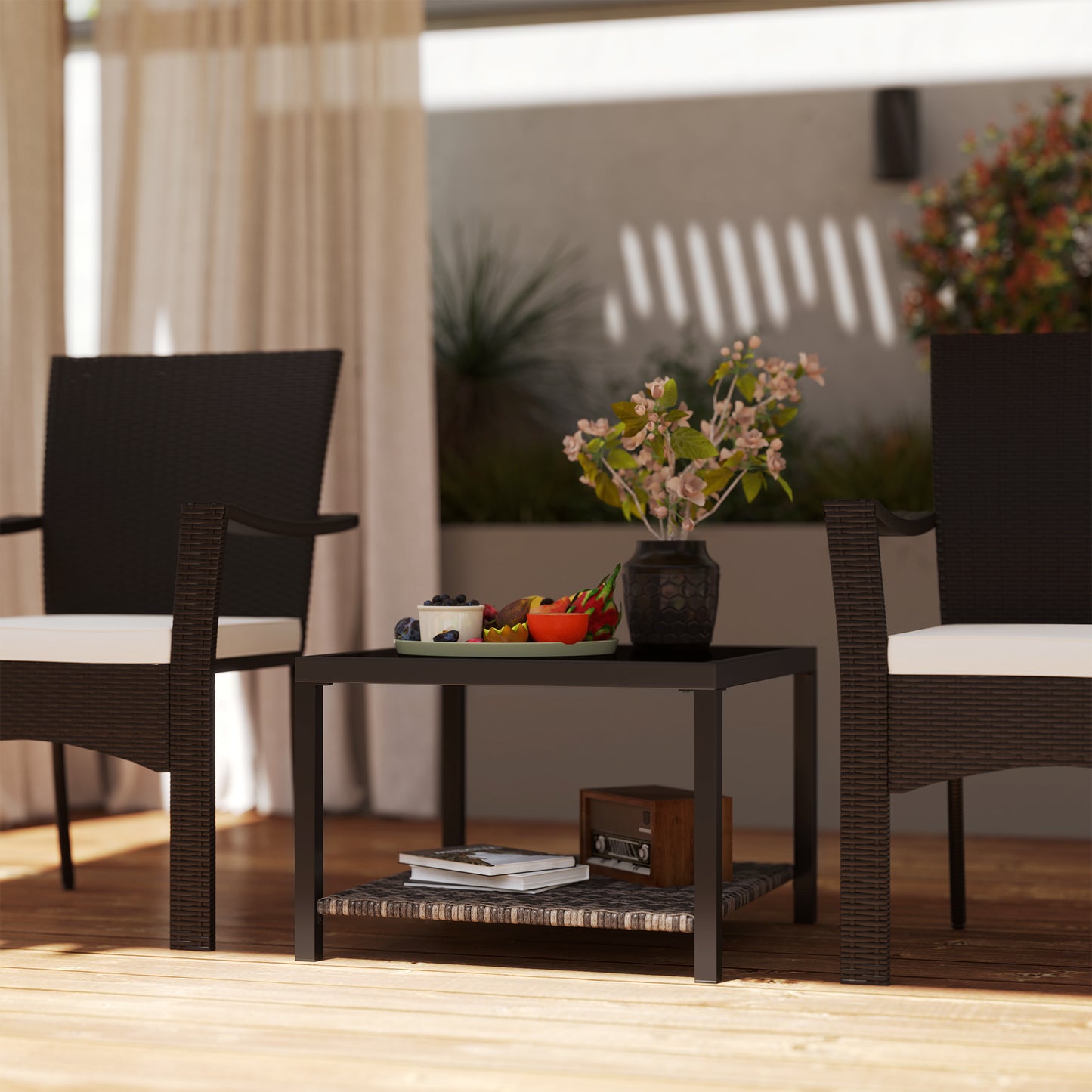 Outsunny 23.6" Rattan End Table, Outdoor Coffee Table with Tempered Glass Top, Storage Shelf for Patio, Garden, Balcony, Black