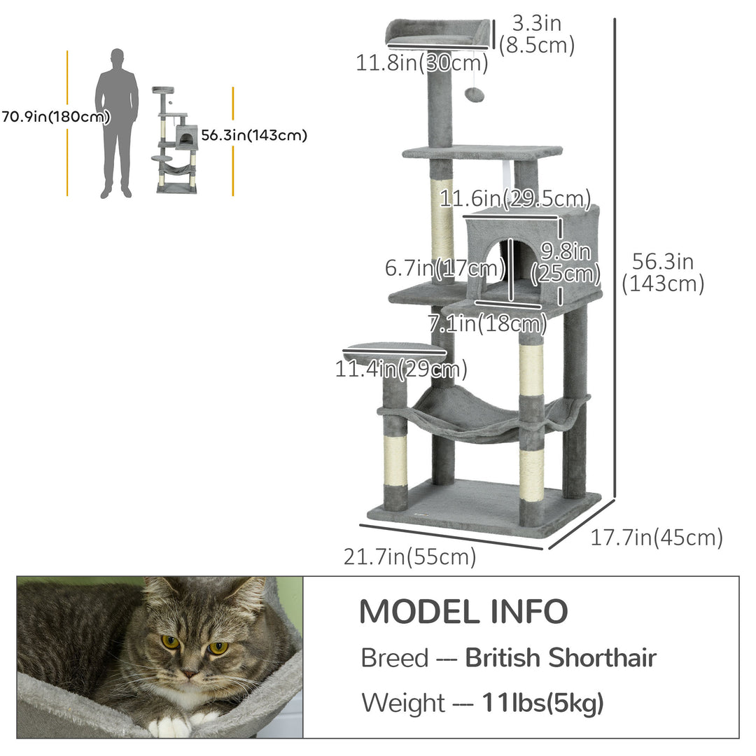 PawHut Tall Cat Tree for Indoor Cats, 56" Multi-Level Cat Tower with Hammock, Cat Bed, Cat Condo with Sisal Scratching Posts, Grey