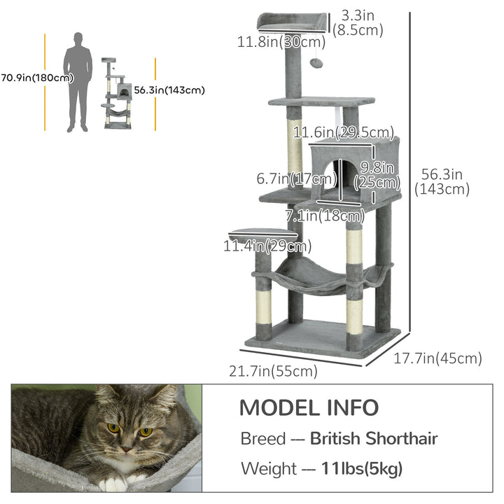 PawHut Tall Cat Tree for Indoor Cats, 56" Multi-Level Cat Tower with Hammock, Cat Bed, Cat Condo with Sisal Scratching Posts, Grey