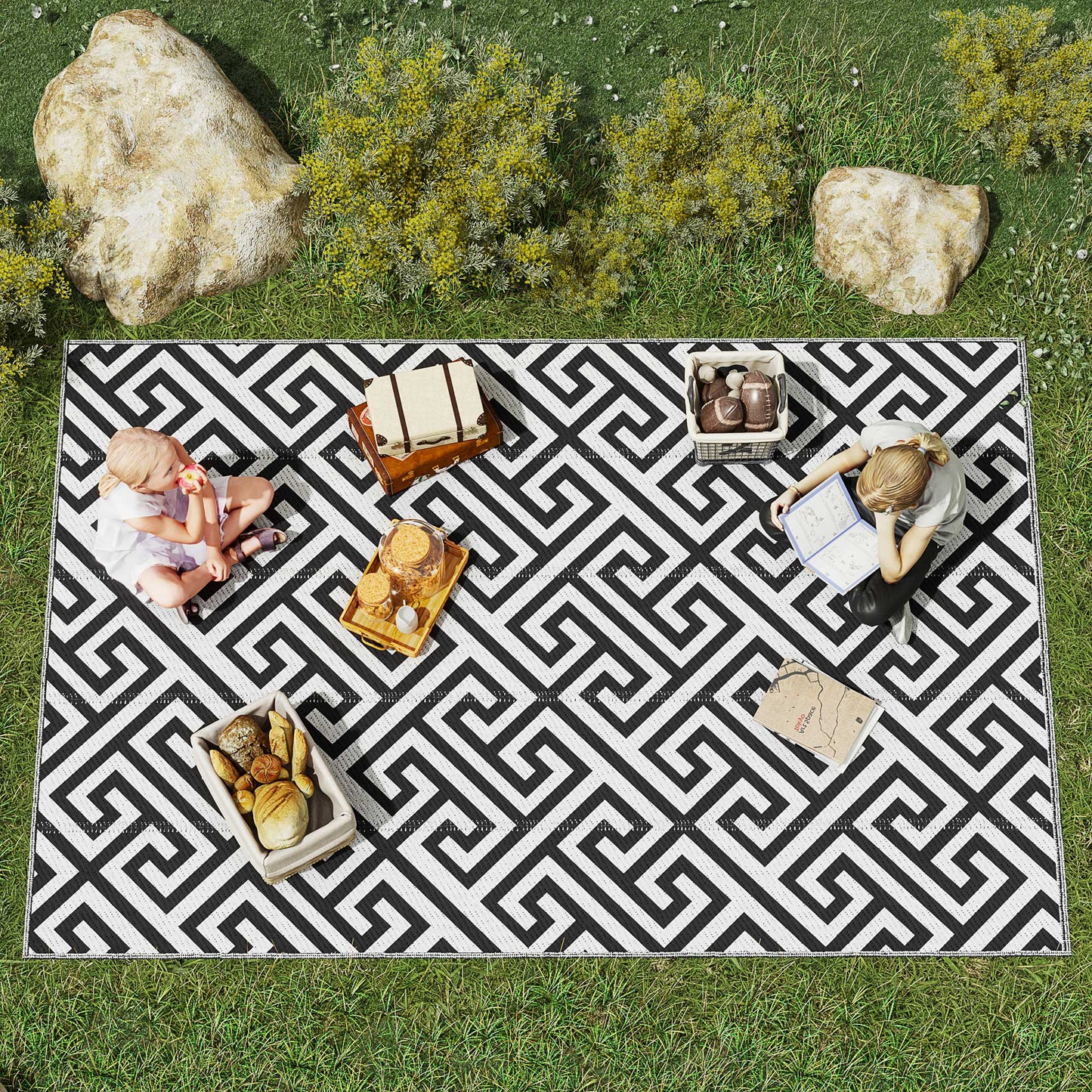 Outsunny Reversible Outdoor RV Rug, Patio Floor Mat, 6' x 9' Plastic Straw Rug for Backyard, Deck, Beach, Camping, Black & White