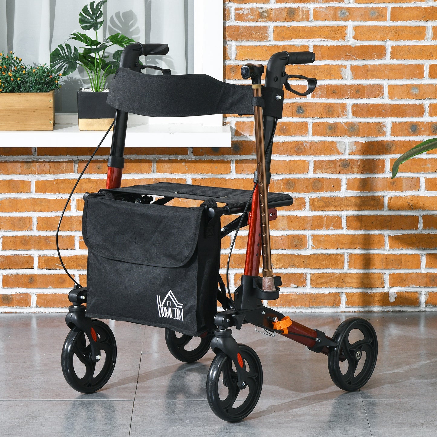 HOMCOM Rollator for Seniors with Seat, Back, Cane Holder, Aluminium Folding Rolling Walker with Adjustable Handle, Bag, Blue