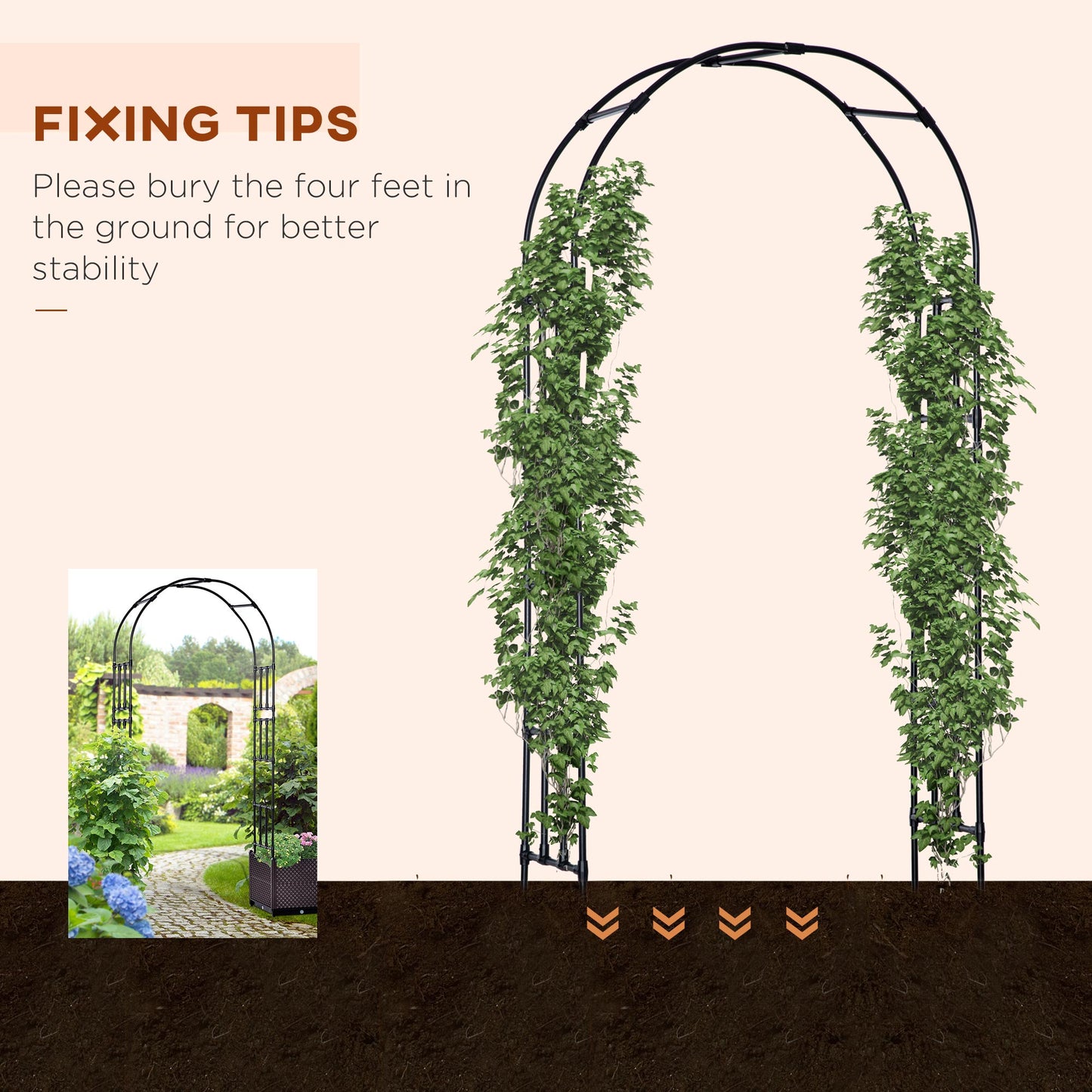 Outsunny 8ft Garden Arch with Two Planters Outdoor Steel Trellis Arbor for Climbing Plants, Weddings, Party, Brown, Black