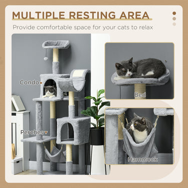 PawHut Tall Cat Tree for Indoor Cats, 70" Multi-Level Cat Tower with Hammock, Cat Bed, Cat Condo with Sisal Scratching Posts, Bluish Grey
