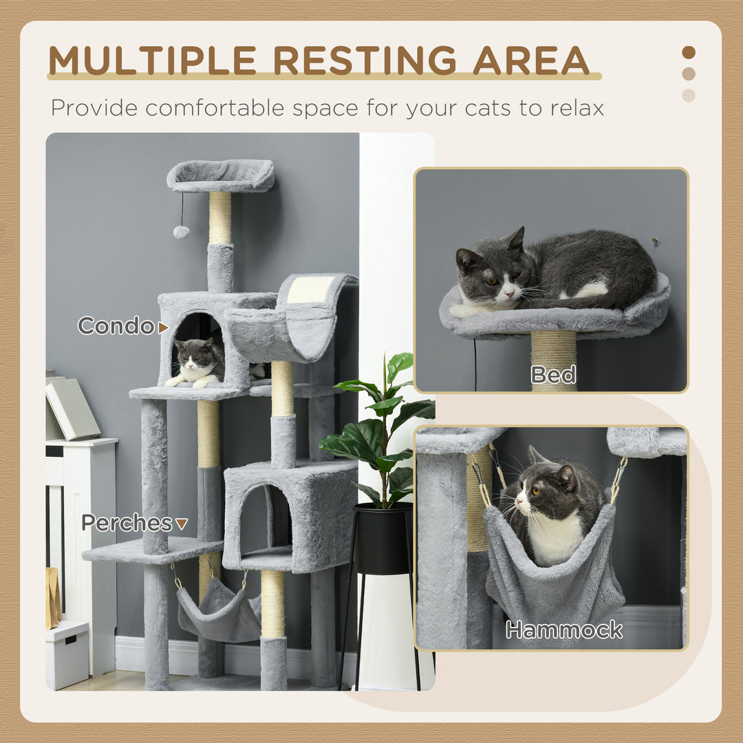 PawHut Tall Cat Tree for Indoor Cats, 70" Multi-Level Cat Tower with Hammock, Cat Bed, Cat Condo with Sisal Scratching Posts, Bluish Grey