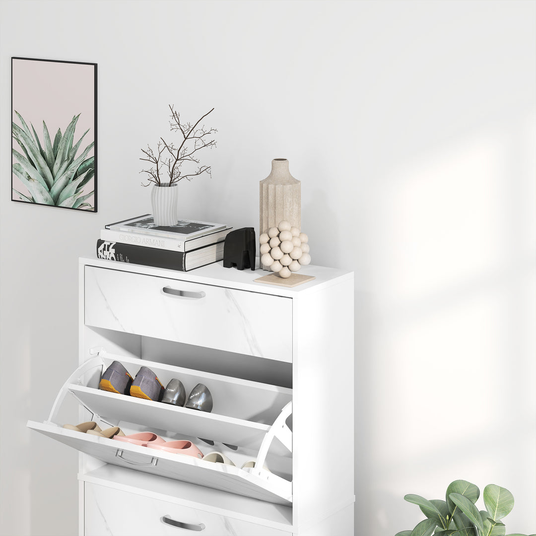 HOMCOM 3 Flip Drawer Shoe Cabinet, Marble-Effect Narrow Shoe Storage Cabinet with Top Drawer and Adjustable Shelves, White