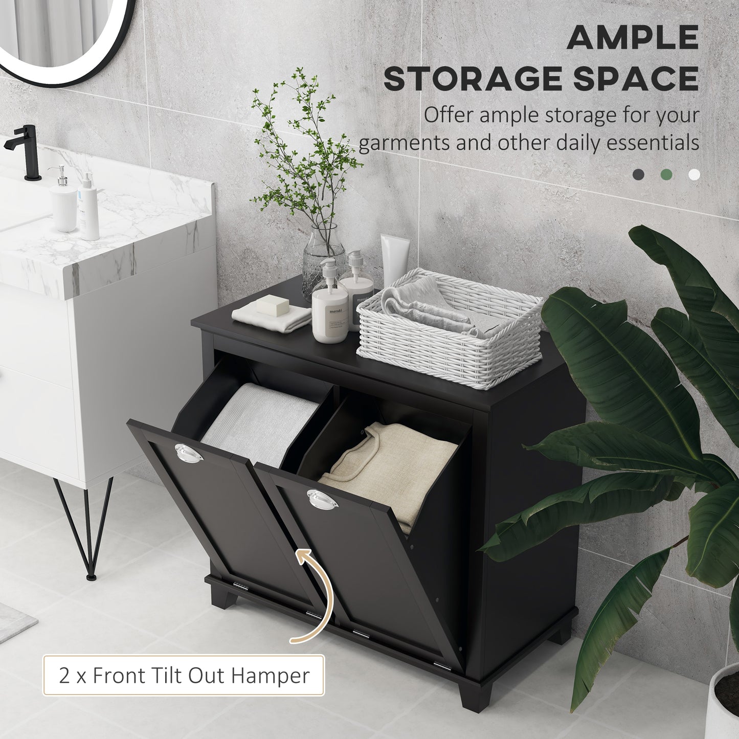 HOMCOM Tilt-Out Laundry Storage Cabinet, Bathroom Storage Organizer with Two-Compartment Tilt Out Hamper, White