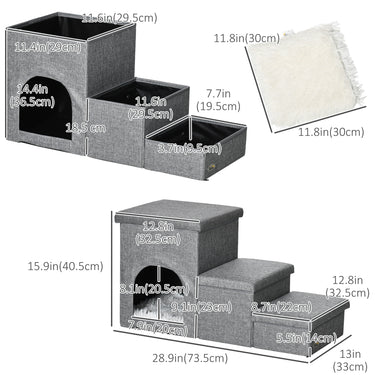 PawHut Dog Ramp with Storage Boxes and Condo, 3-step Pet Stairs for High Beds and Couch with Washable Plush Cushion