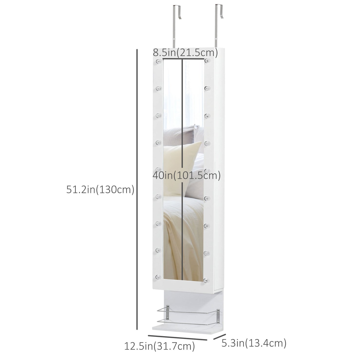 HOMCOM Mirror Jewelry Cabinet Armoire, Jewelry Organizer with 18 LED Lights, Wall-Mounted and Over-The-Door Cabinet with 3 Mountable Heights, Drawer and Open Shelf, White