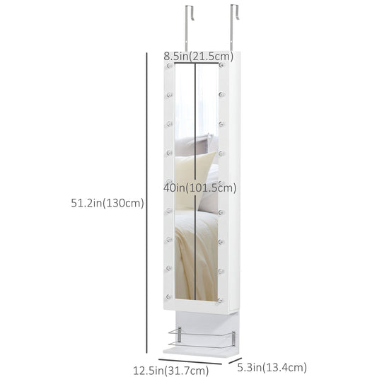 HOMCOM Mirror Jewelry Cabinet Armoire, Jewelry Organizer with 18 LED Lights, Wall-Mounted and Over-The-Door Cabinet with 3 Mountable Heights, Drawer and Open Shelf, White