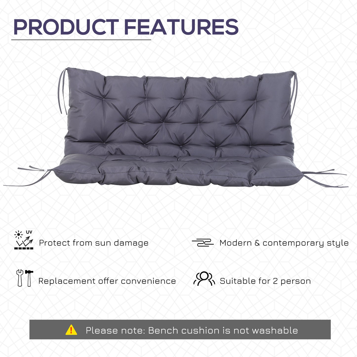 Outsunny 2 Seater Garden Bench Cushion, Thick Outdoor Non-Slip 2 Seater Soft Pad With Backrest for Garden Patio, 52" x 43" x 4", Dark Grey