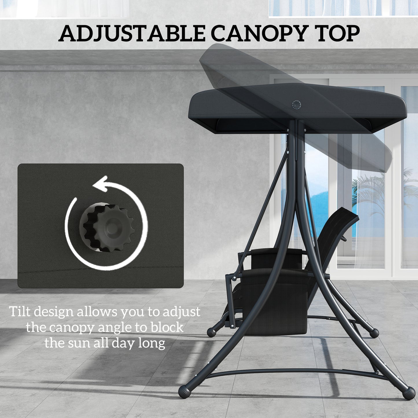 Outsunny 3 Person Porch Swing Outdoor Swing Chair with High Back Design, Side Pouches and Adjustable Canopy, Dark Grey