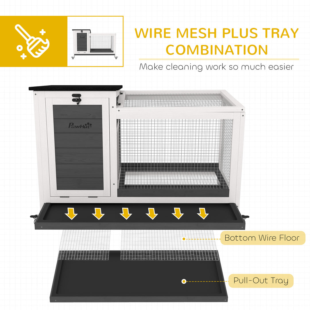 PawHut Wooden Rabbit Hutch with Pull-Out Tray, Asphalt Openable Roof, Small Animal Cage on Wheels with Run, Grey