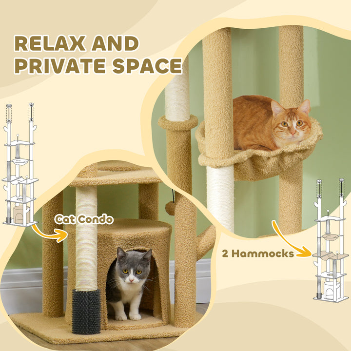 PawHut 89"-100" Floor to Ceiling Cat Tree Cat Tower for Large Cats w/ Scratching Posts, Grooming Brush Post, Cat Condo, Green