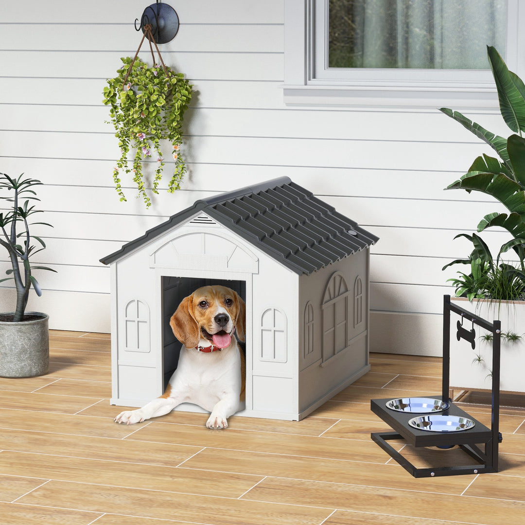PawHut 26" Plastic Dog House Outdoor with Air Vents, for Small Medium Dogs, Grey