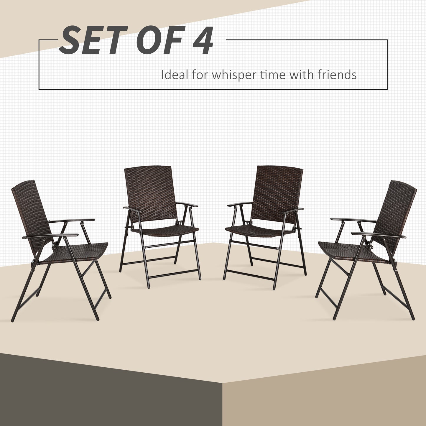 Outsunny Outdoor Wicker Dining Chair Set of 4, Rattan Foldable Chair with Steel Frame for Garden, Backyard, Porch, Brown