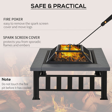 Outsunny 34" Outdoor Square Firepit Steel Stove Portable with Spark Screen Cover Log Grate Poker and Rain Cover for Outside Wood Burning and Camping Black