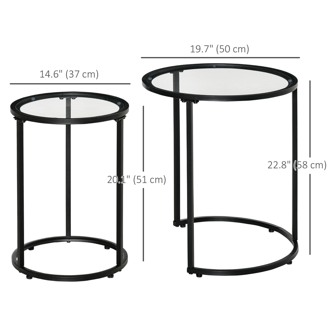 HOMCOM Set of 2 Nesting Coffee Tables with Metal Base, Round Side Table with Tempered Glass Tabletop for Living Room, Bedroom, Black