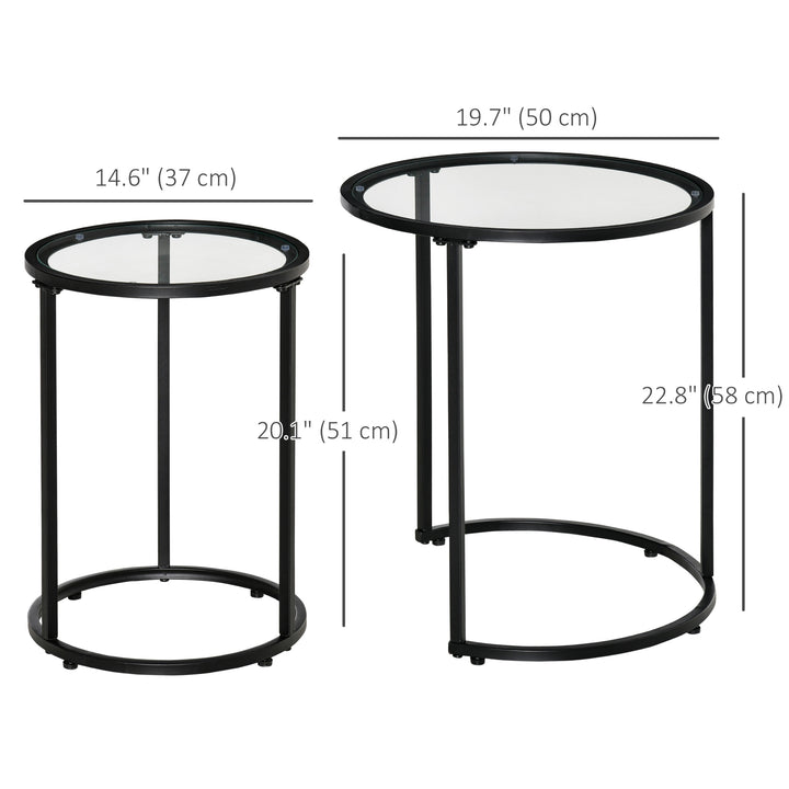 HOMCOM Set of 2 Nesting Coffee Tables with Metal Base, Round Side Table with Tempered Glass Tabletop for Living Room, Bedroom, Black