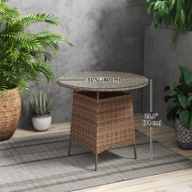 Outsunny 31.5" Outdoor Round Patio Table with Umbrella Hole, Bistro Coffee Table with Tempered Glass Top for Garden, Brown