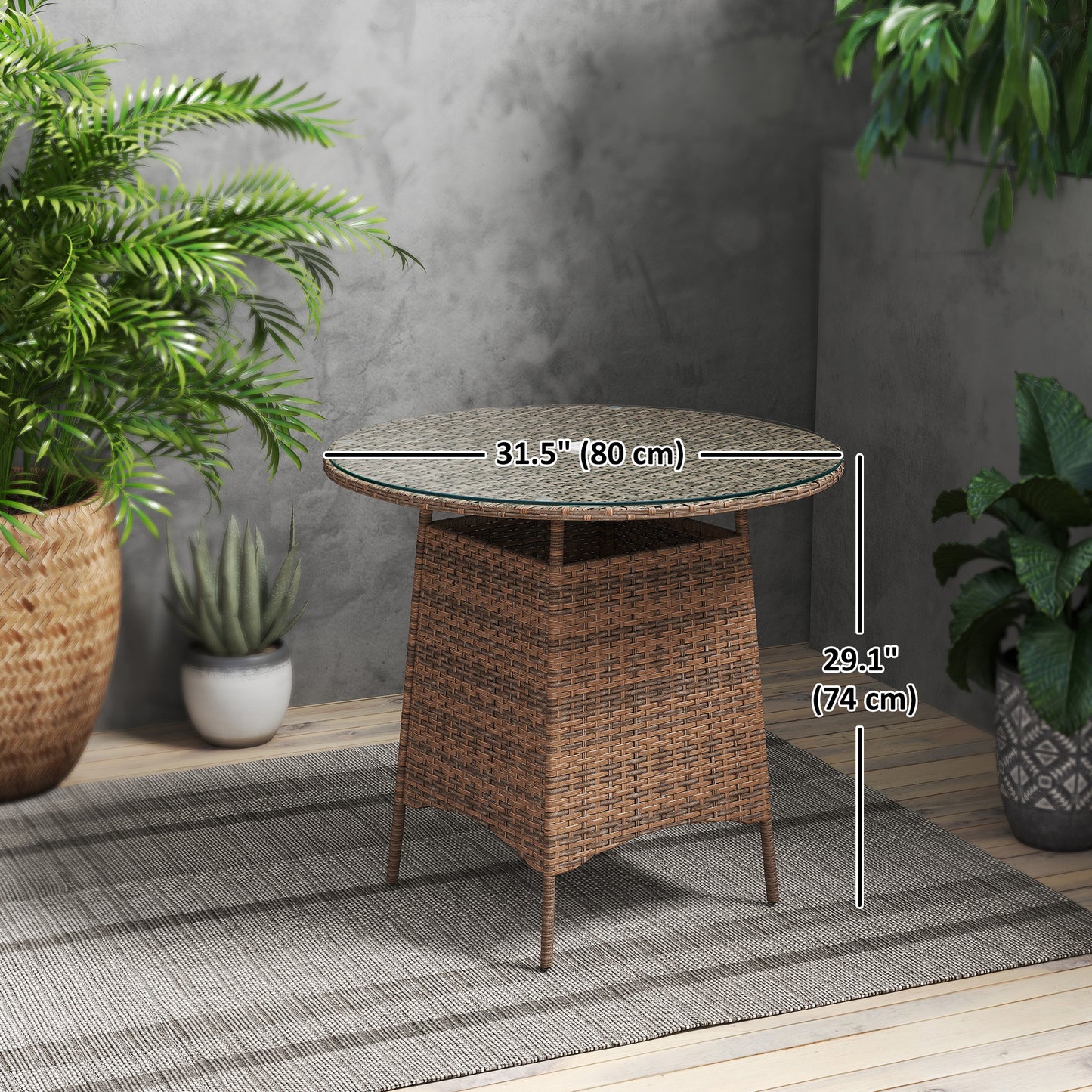 Outsunny 31.5" Outdoor Round Patio Table with Umbrella Hole, Bistro Coffee Table with Tempered Glass Top for Garden, Brown