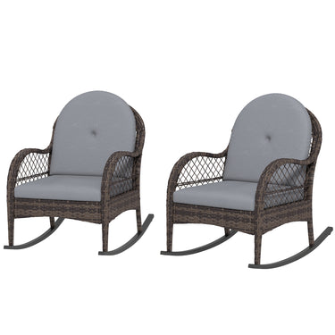 Outsunny 2 Pieces Wicker Rocking Patio Chairs, Indoor Outdoor Rocking Chair Set with Cushions and Armrests for Porch, Grey