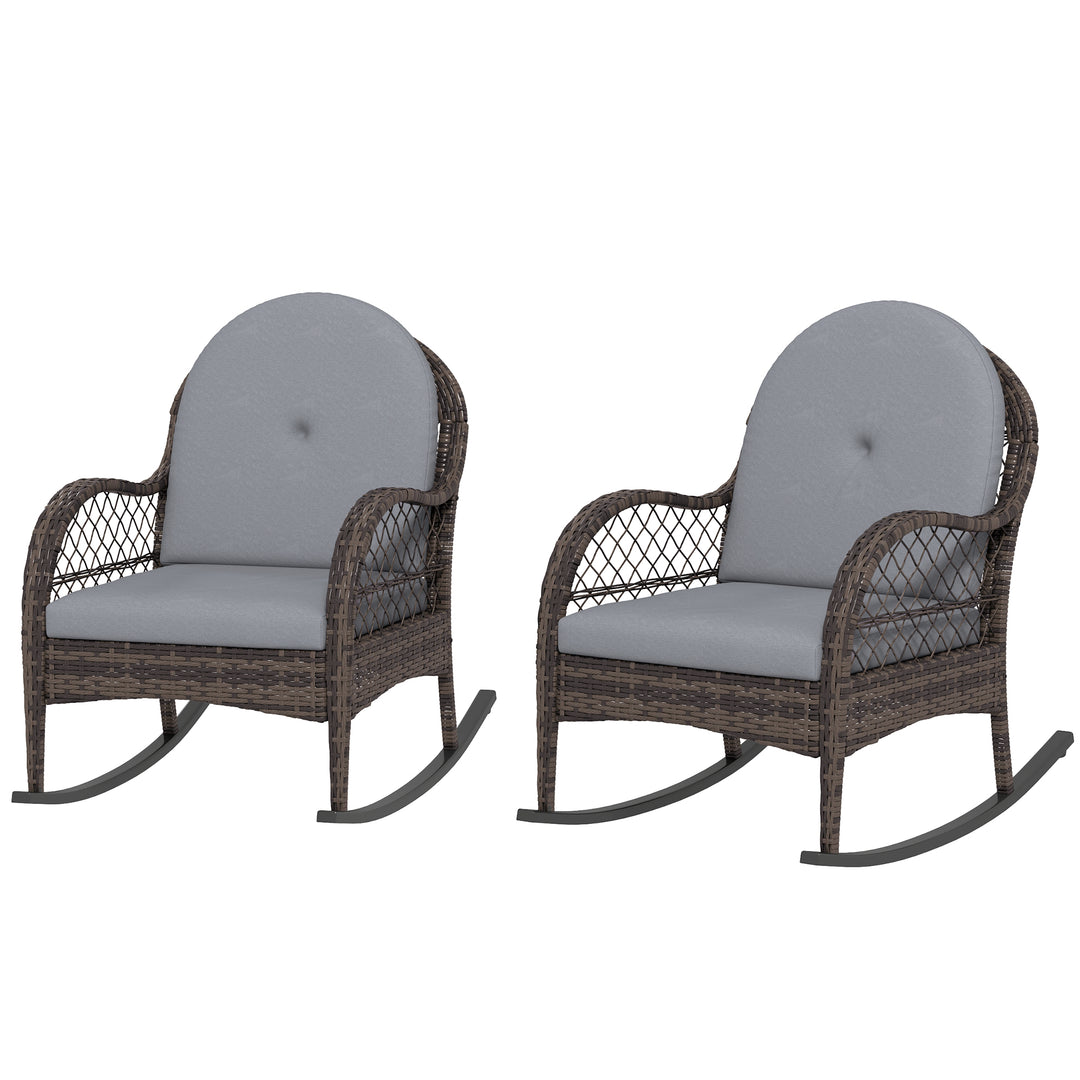 Outsunny 2 Pieces Wicker Rocking Patio Chairs, Indoor Outdoor Rocking Chair Set with Cushions and Armrests for Porch, Grey