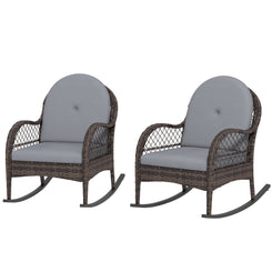 Outsunny 2 Pieces Wicker Rocking Patio Chairs, Indoor Outdoor Rocking Chair Set with Cushions and Armrests for Porch, Grey