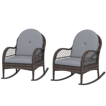 Outsunny 2 Pieces Wicker Rocking Patio Chairs, Indoor Outdoor Rocking Chair Set with Cushions and Armrests for Porch, Grey