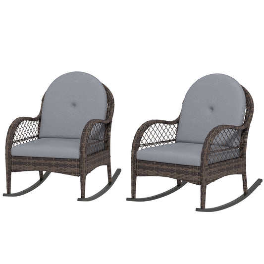Outsunny 2 Pieces Wicker Rocking Patio Chairs, Indoor Outdoor Rocking Chair Set with Cushions and Armrests for Porch, Grey