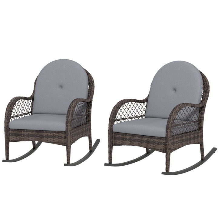 Outsunny 2 Pieces Wicker Rocking Patio Chairs, Indoor Outdoor Rocking Chair Set with Cushions and Armrests for Porch, Grey