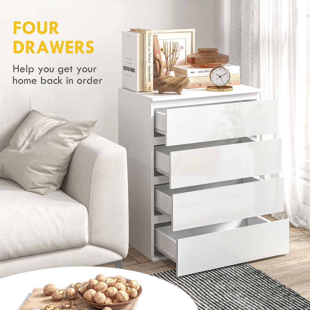 HOMCOM 4 Drawer Cabinet, High Gloss Drawer Chest for Bedroom, Chest of Drawers with Metal Runners and Groove Handles, White