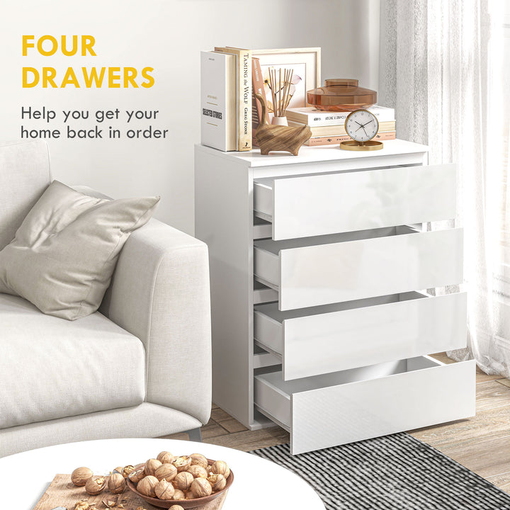 HOMCOM 4 Drawer Cabinet, High Gloss Drawer Chest for Bedroom, Chest of Drawers with Metal Runners and Groove Handles, White