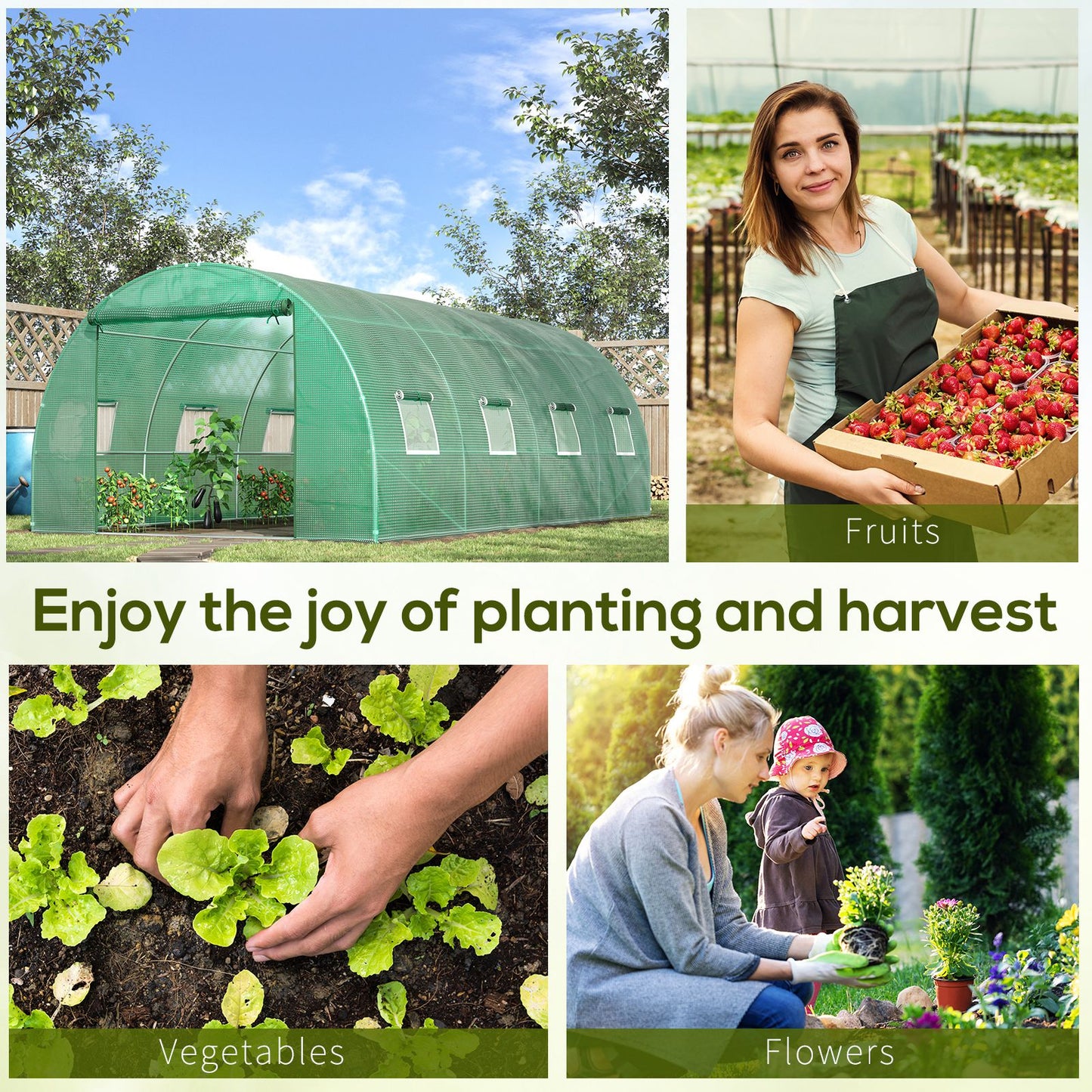 Outsunny Walk-in Tunnel Greenhouse, 13 x 6.4 x 6.5 ft Hoop House with Zipped Roll-Up Door and 8 Mesh Windows, Outdoor Greenhouse with Galvanised Steel Frame, Green